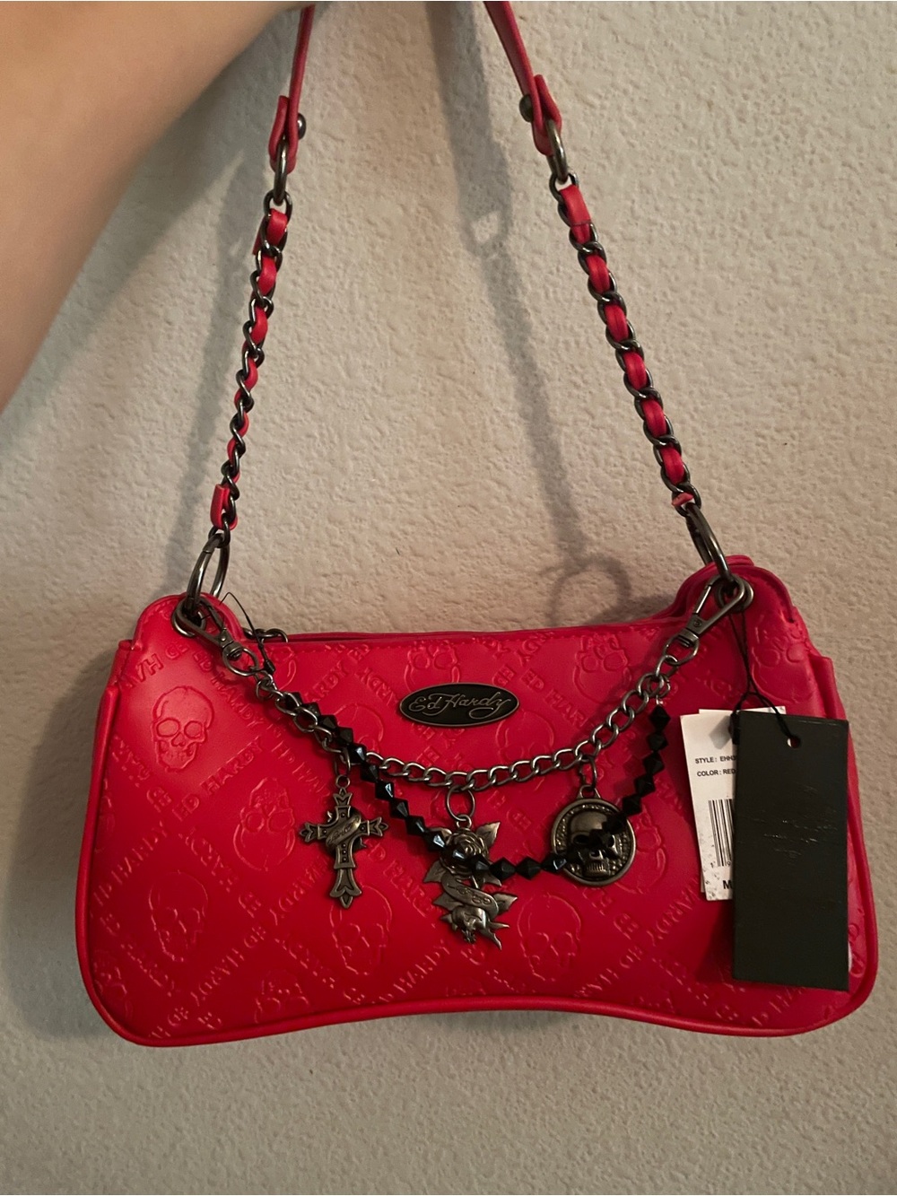 Ed Hardy Red Embossed Charm Chain Shoulder Bag